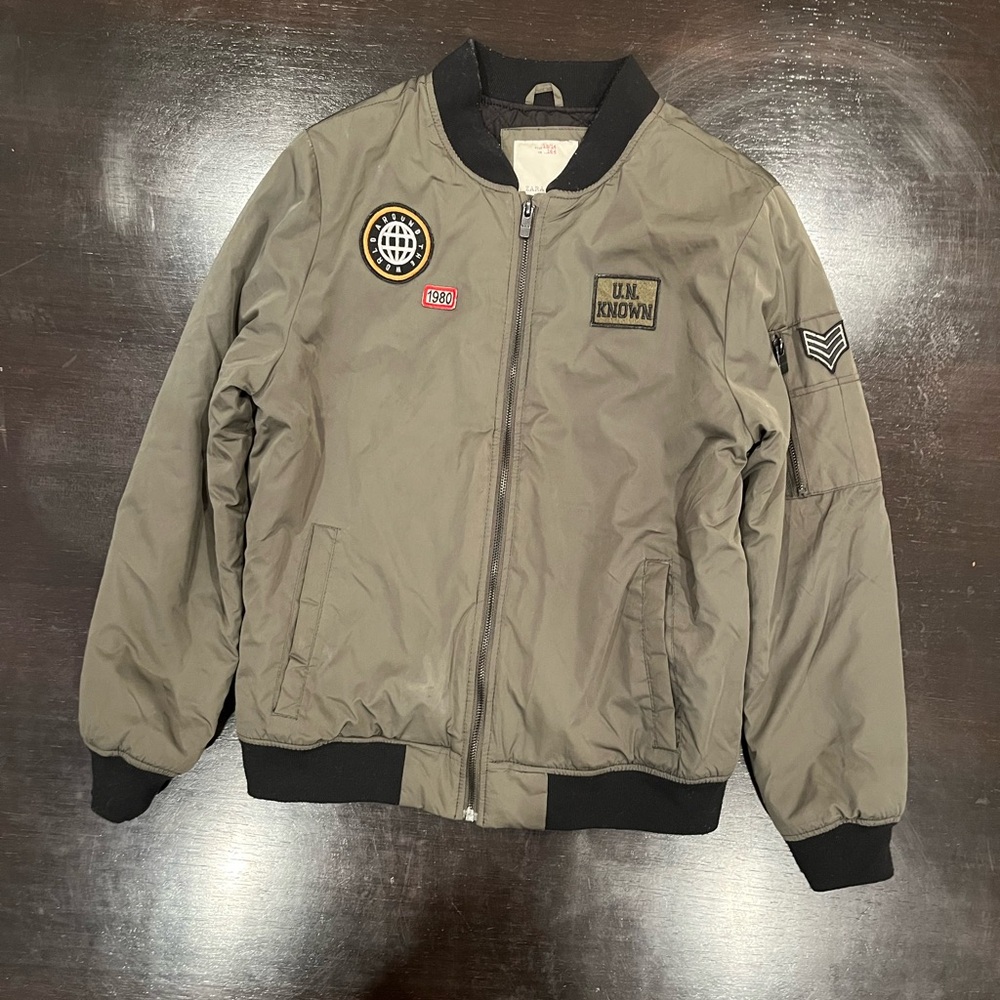 Zara Boys Olive Bomber Jacket with Patches